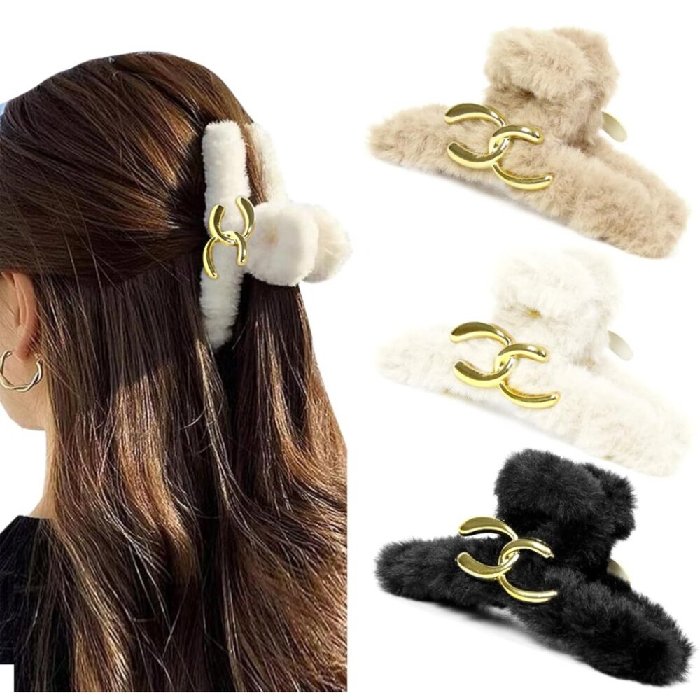 NEW Elegant Oversized Plush Shark Hair Claw 3 SET